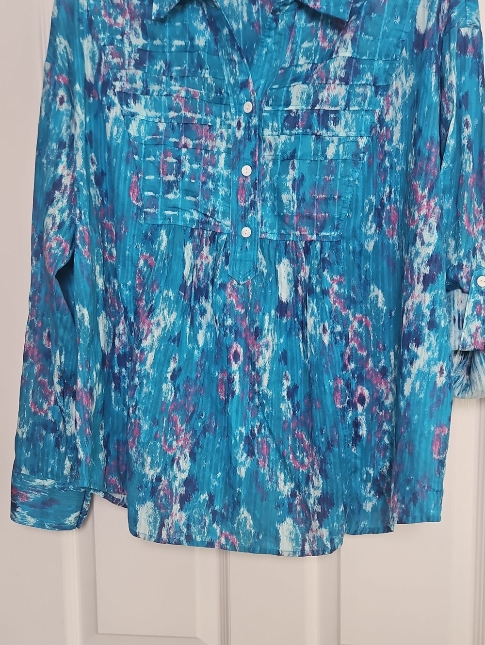 Westbound Long Sleeve Collared Partial Button Relaxed Tunic: Turquoise Monet: XL - Picture 3 of 16